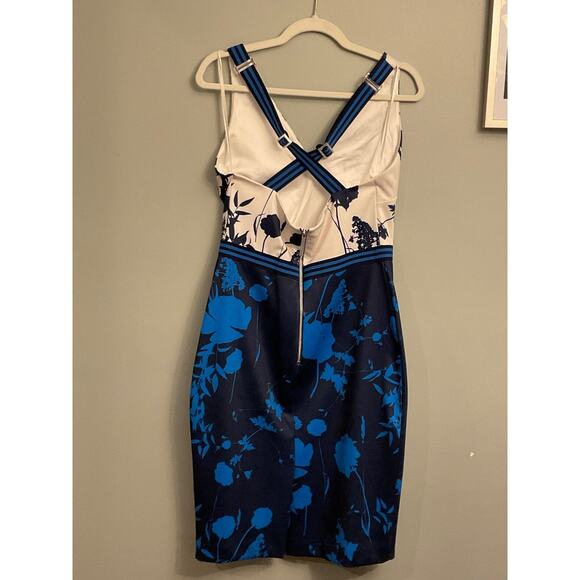 TED BAKER TILLIAI BLUEBELL NAVY AND CREAM BODYCON DRESS W SUSPENDERS SZ 3 US8-10 - Picture 8 of 14
